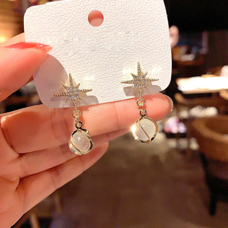 Crystal Star Pearl Drop Earrings - AR - 199