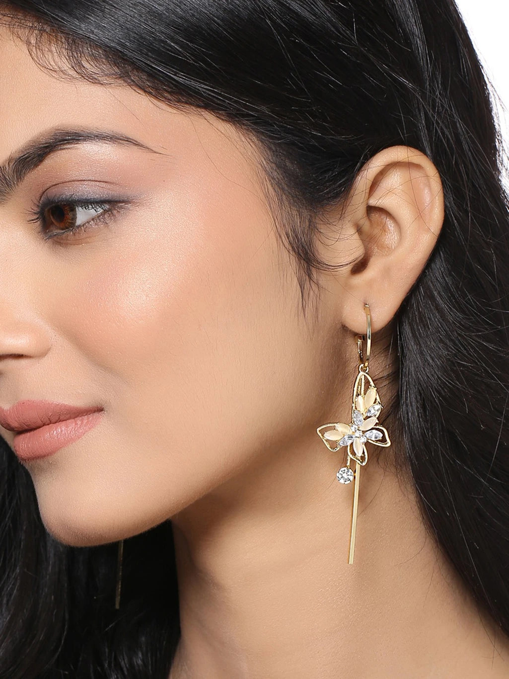 Gold floral crystal long drop earrings - AR-153