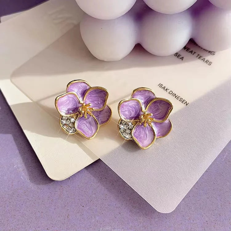 Lavender Flower Crystal Stud Earrings - AR - 173