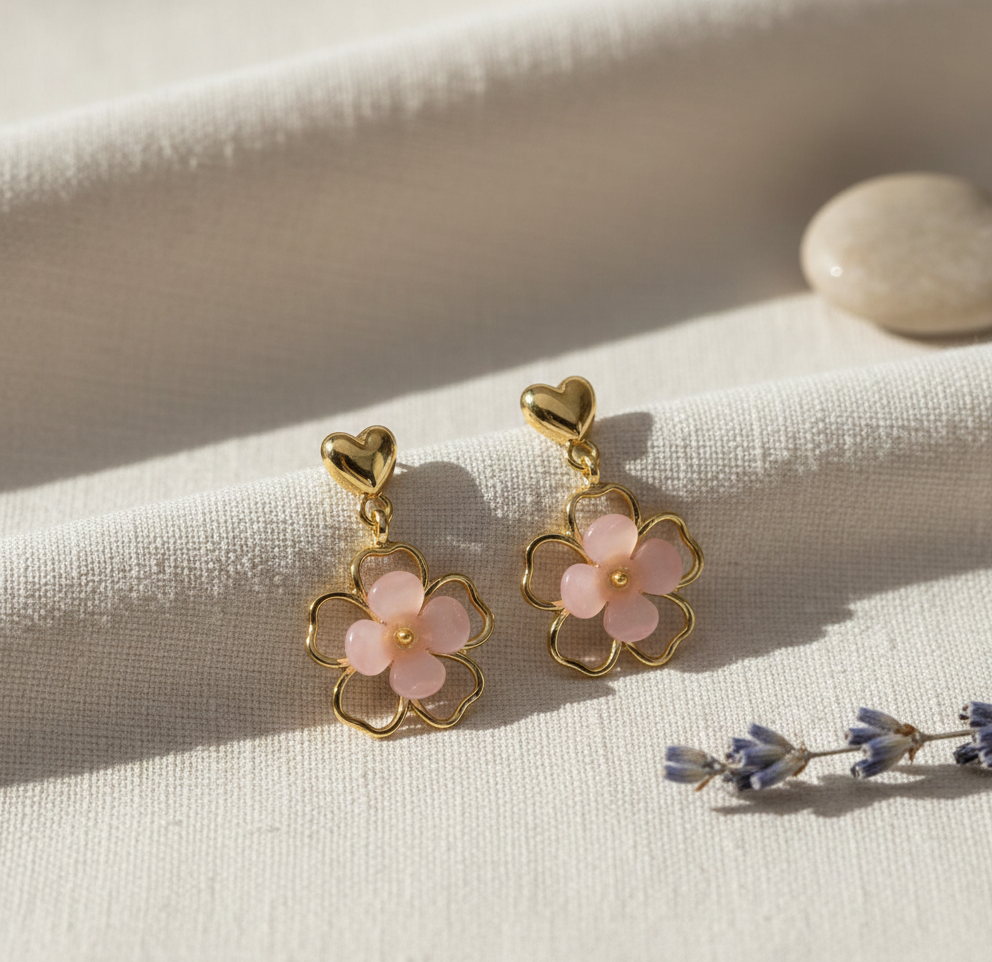 Gold heart floral drop earrings - AR-151