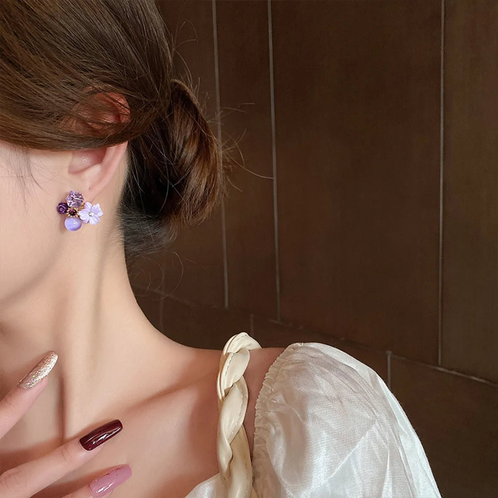 Purple Crystal Flower Stud Earrings For Woman - AR-07