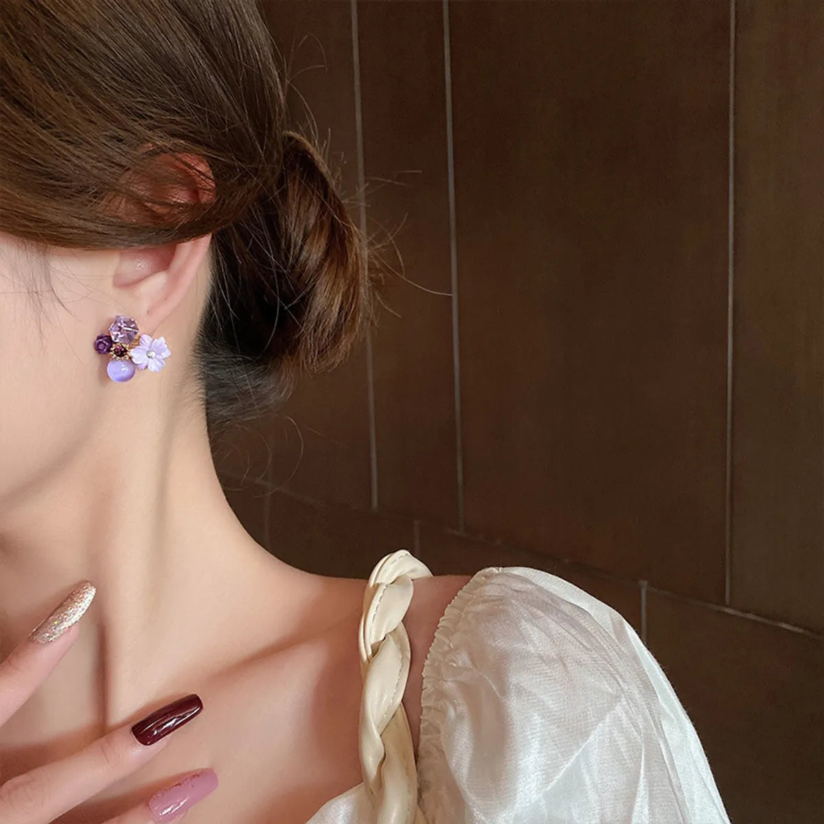 Purple Crystal Flower Stud Earrings For Woman - AR-07