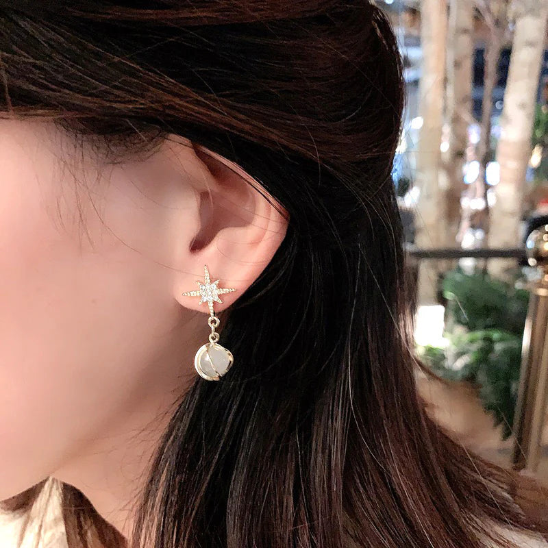 Crystal Star Pearl Drop Earrings - AR - 199