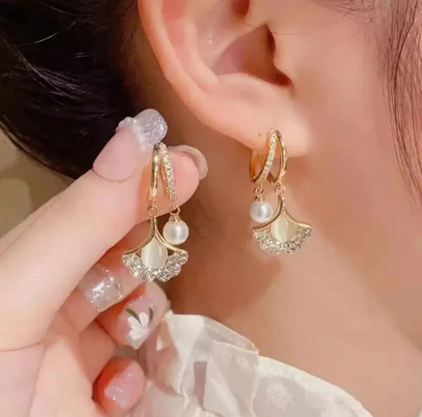 Gold Crystal Flower Pearl Drop Hoop Earrings - AR - 175