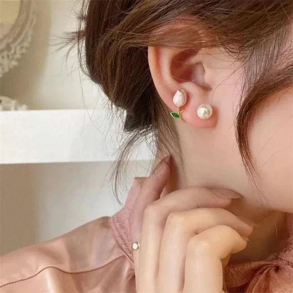 Luxury Pink Tulip Flower Pearl Stud Earrings - AR-09