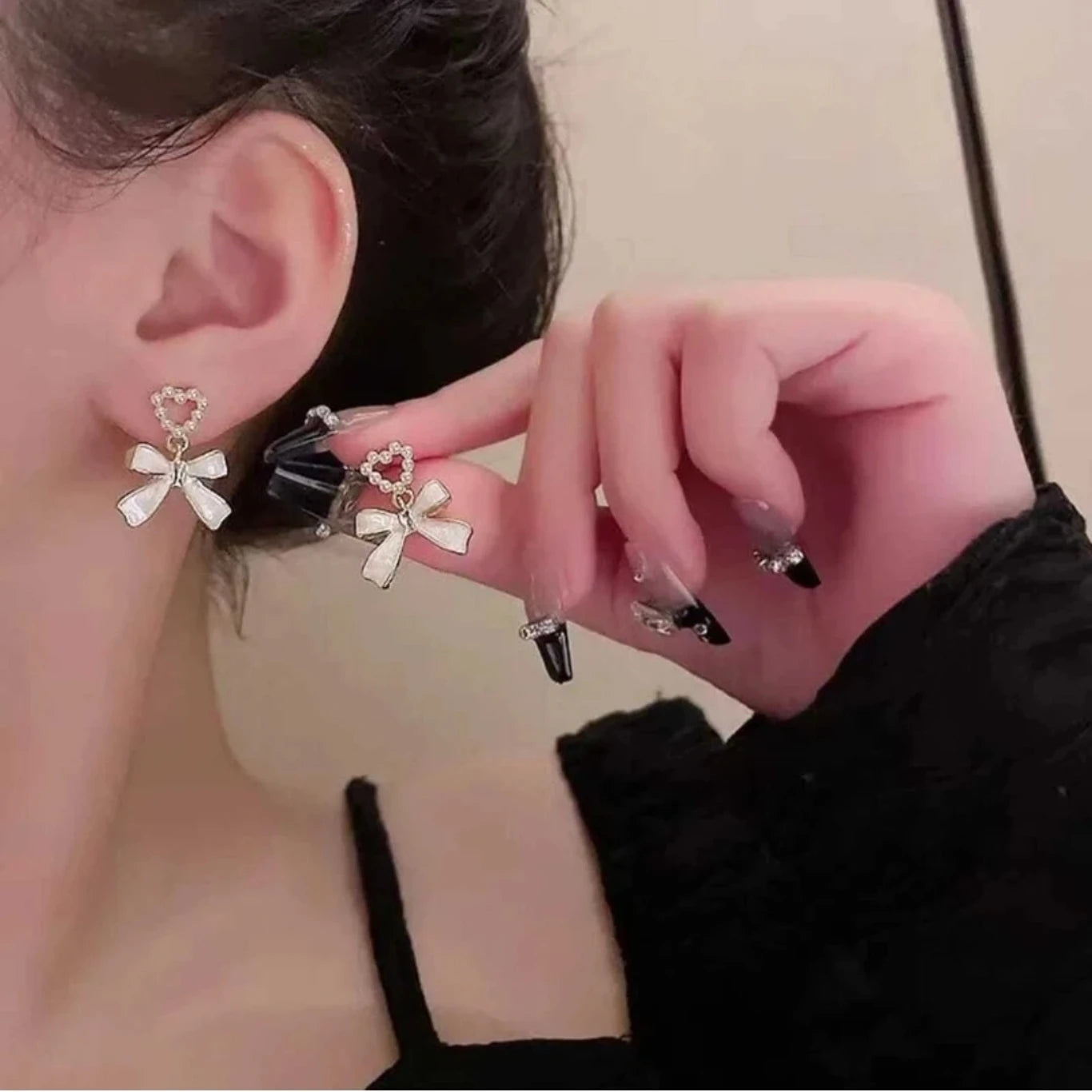 Pearl Heart Bow Drop Earrings - AR - 181