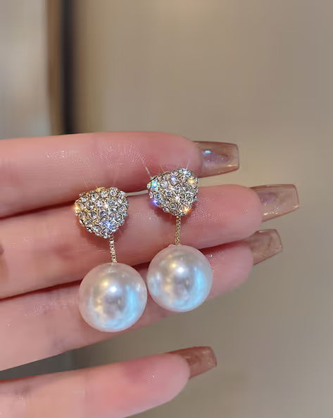Crystal Heart Pearl Drop Earrings - AR-137