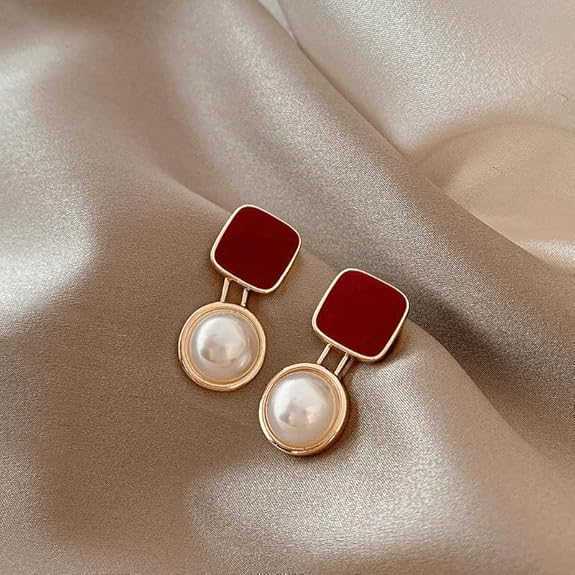 Red Square Pearl Earrings - AR-102