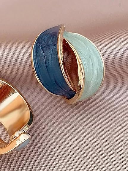Dual Tone Blue Enamel Hoop Earrings - AR - 187