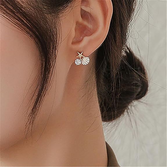 Starfish Pearl Seashell Ocean Drop Earrings - AR - 194