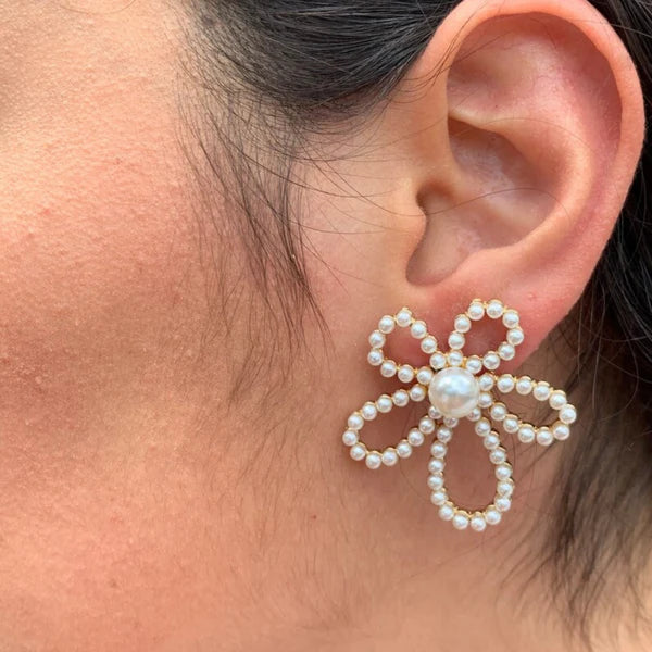 Pearl bow statement earrings - AR-162