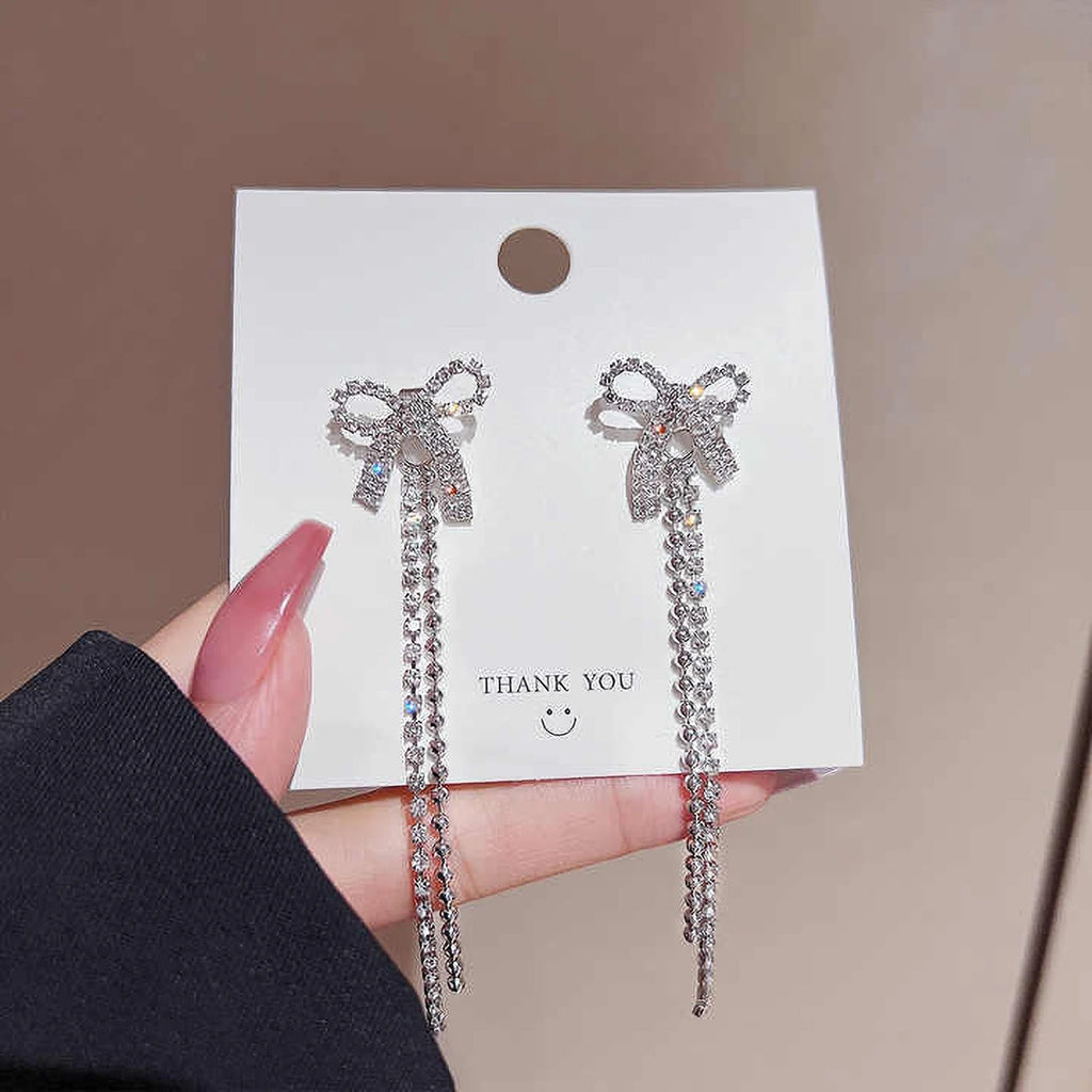 Korean Bow Chain Drop Earrings - AR-90