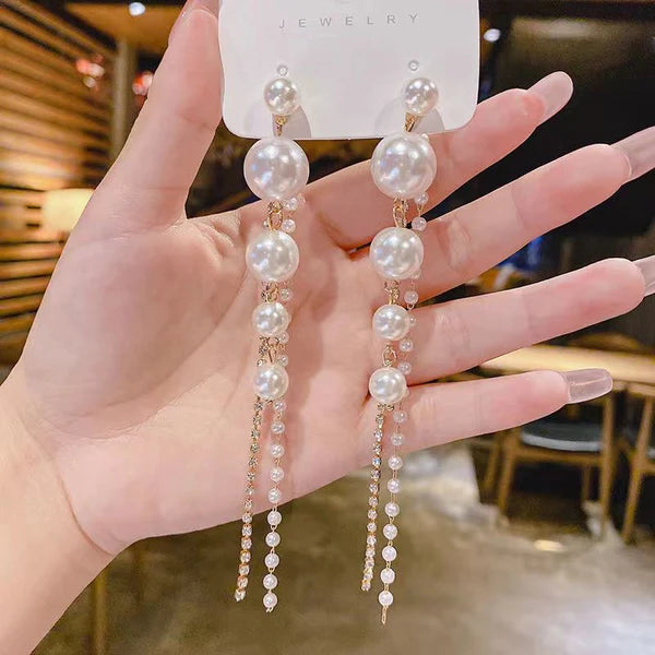 Long Pearl Drop Dangle Earrings - AR-45