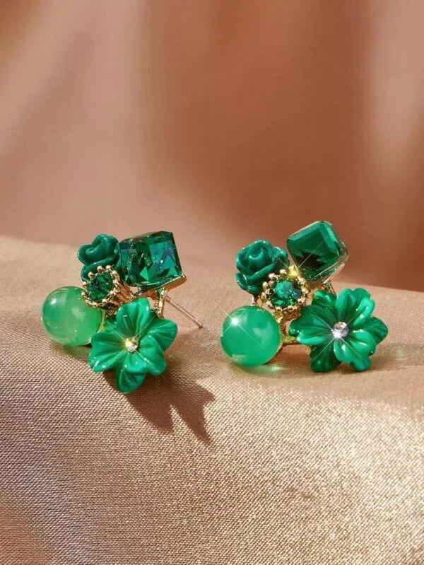 Turquoise Flower Crystal Stud Earrings - AR - 188 - 189 - 190 - 191
