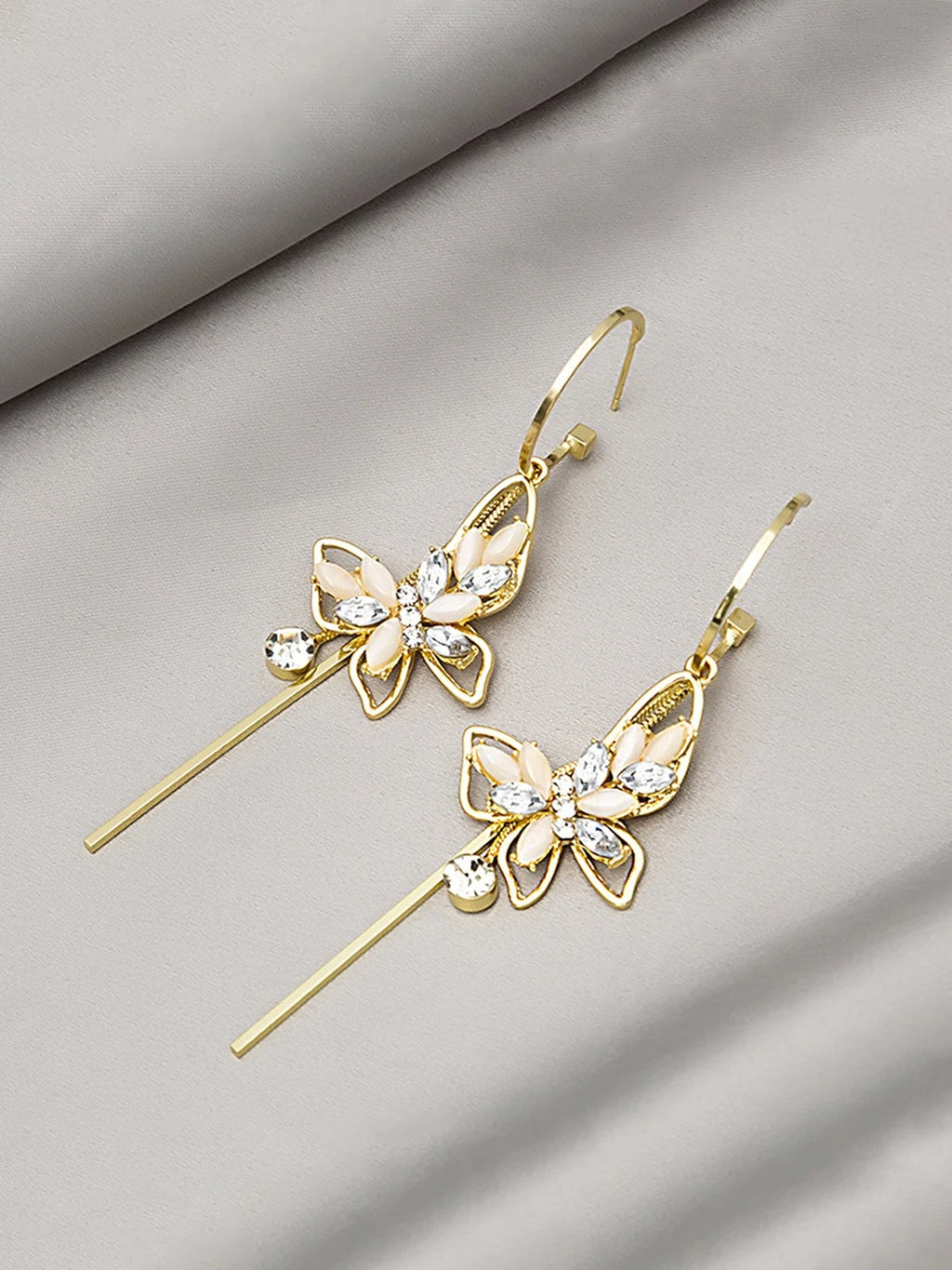 Gold floral crystal long drop earrings - AR-153