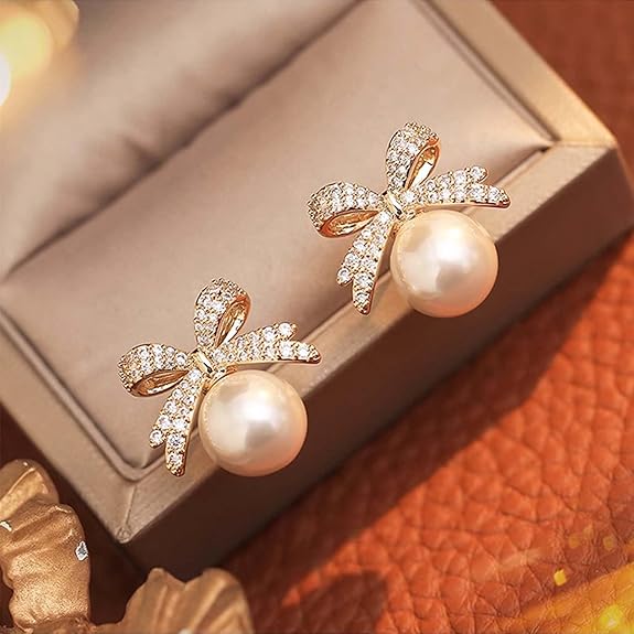 Crystal bow pearl earrings - AR-155