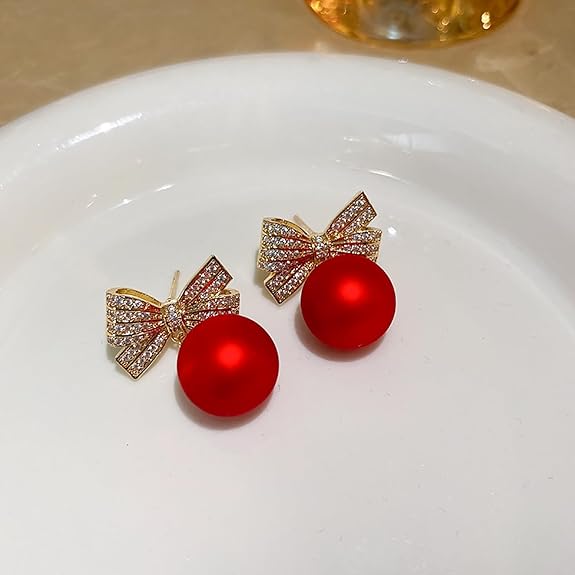 Red Pearl Crystal Bow Drop Earrings - AR - 174