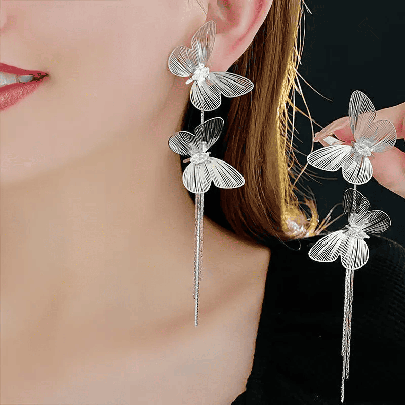 Silver butterfly tassel statement earrings - AR-163