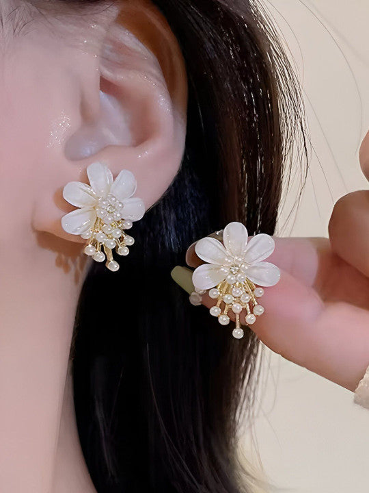 White Flower Pearl Drop Stud Earrings - AR - 180