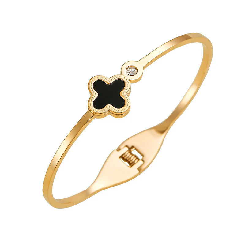 Four-Leaf Clover Crystal Gold-Plated Cuff Bracelet - BR-01