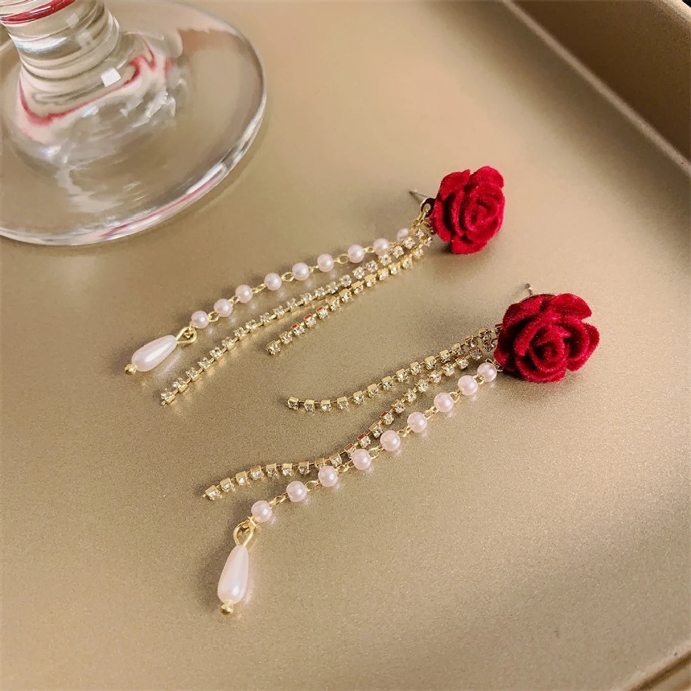 Elegant Red Rose Pearl Tassel Drop Earrings - AR - 170