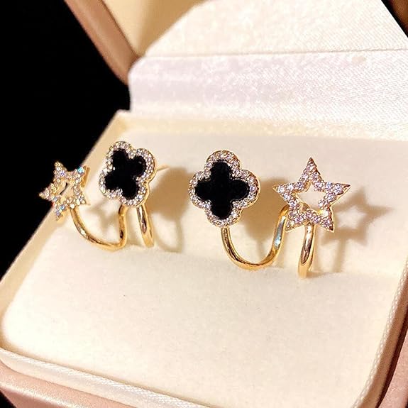 Black Luxury Clover & Star Gold-Tone Ear Cuff Earrings - AR-92