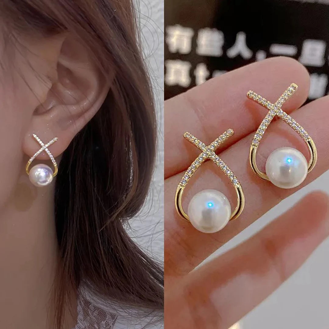 Korean Diamond Cross Pearl Earrings - AR-110