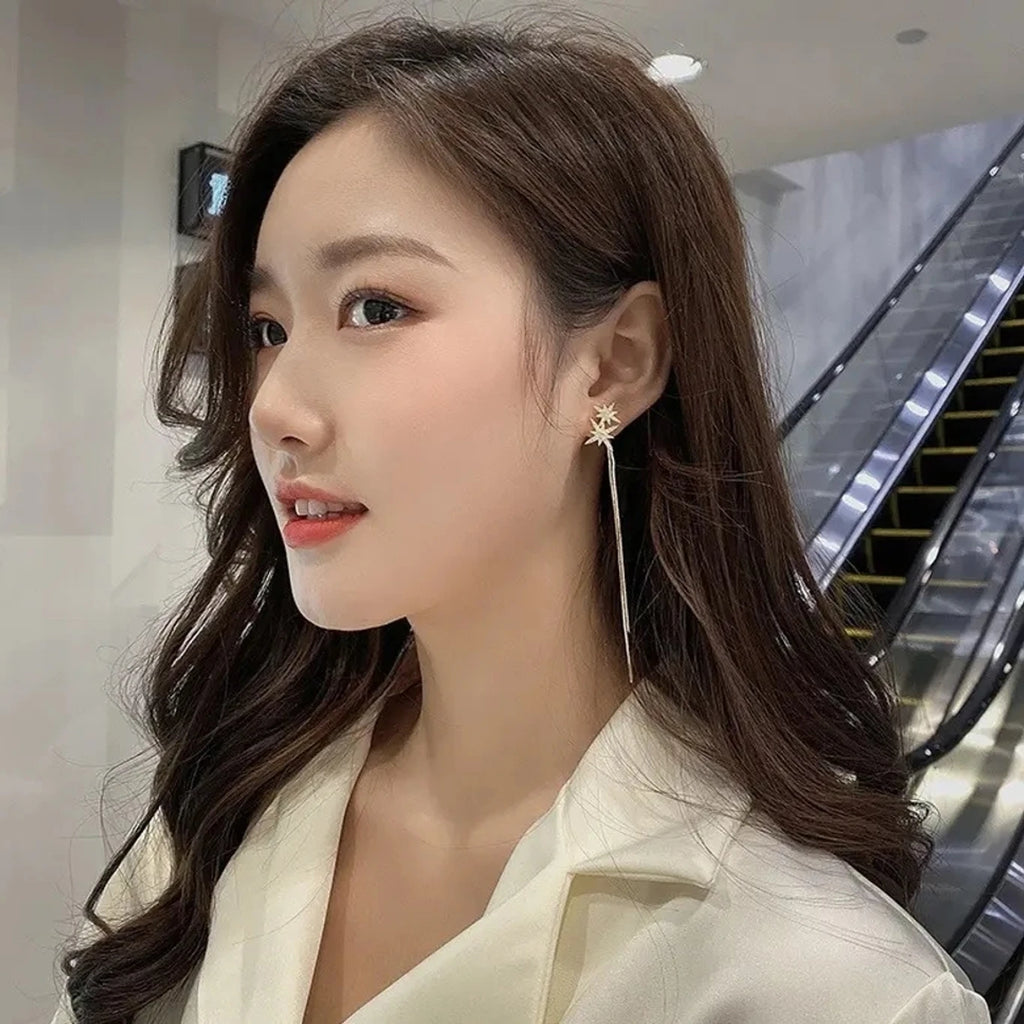 Crystal Star Tassel Drop Earrings - AR - 178