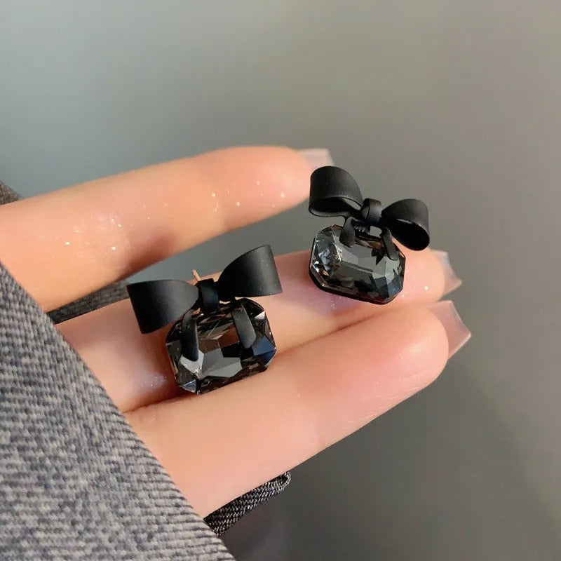 Korean Black Ribbon Bow Earrings - AR-96