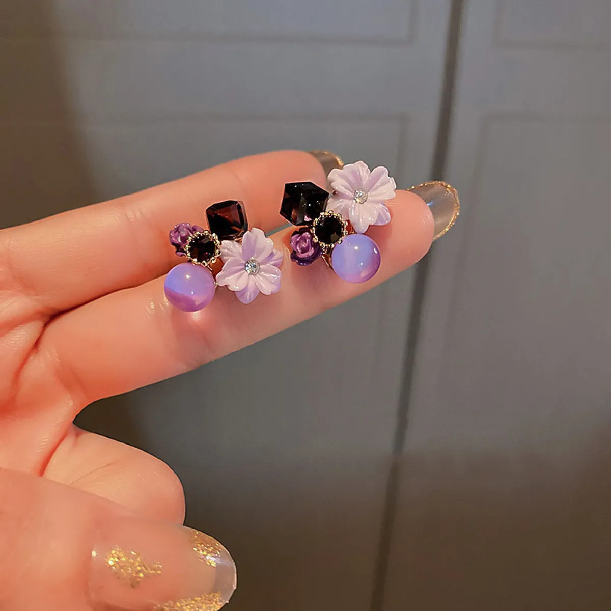 Purple Crystal Flower Stud Earrings For Woman - AR-07
