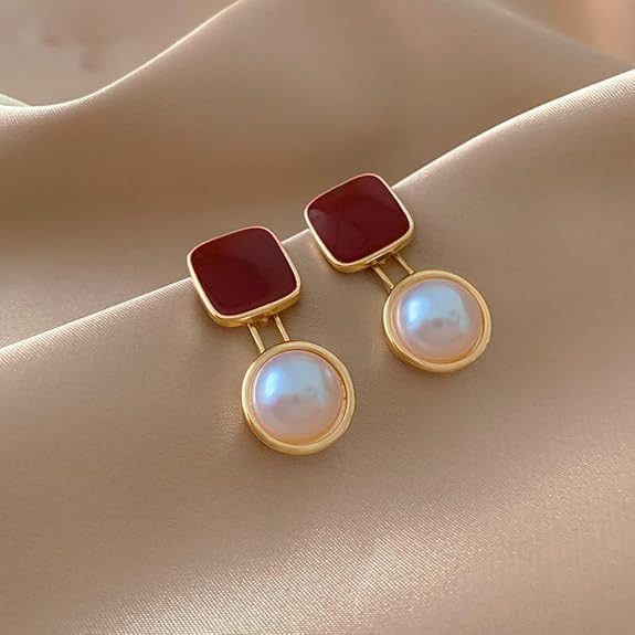 Red Square Pearl Earrings - AR-102
