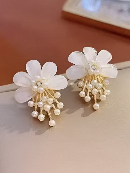 White Flower Pearl Drop Stud Earrings - AR - 180