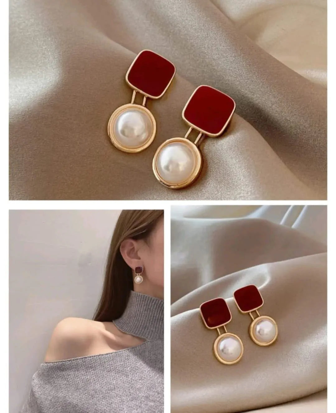 Red Square Pearl Earrings - AR-102