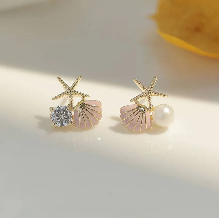 Starfish Pearl Seashell Ocean Drop Earrings - AR - 194
