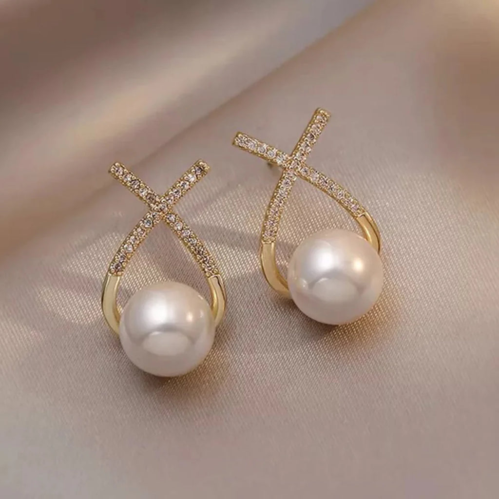 Korean Diamond Cross Pearl Earrings - AR-110