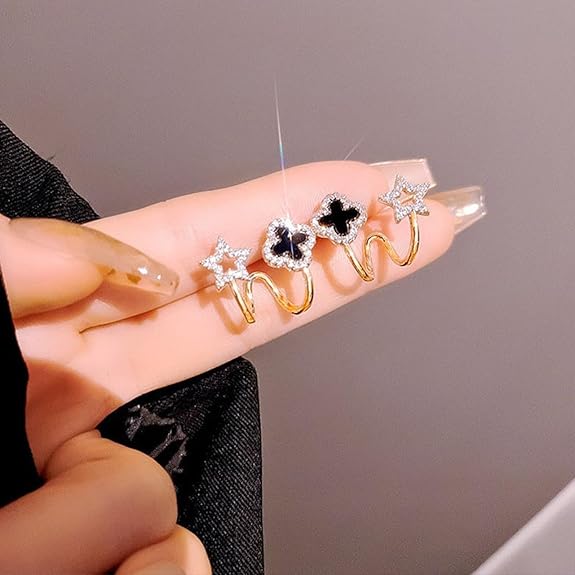 Black Luxury Clover & Star Gold-Tone Ear Cuff Earrings - AR-92