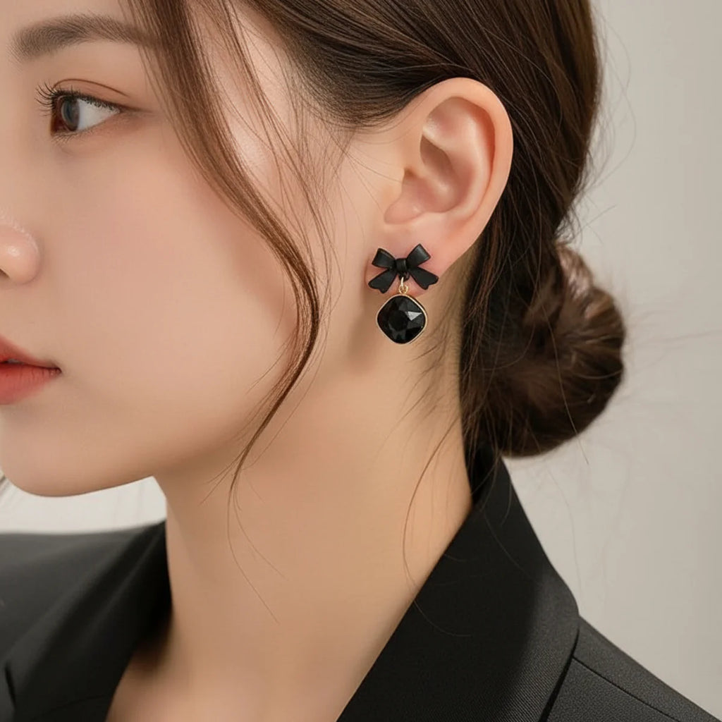 Midnight Bow Elegance Drop Earrings - AR-19