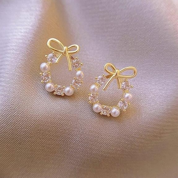 Bow pearl wreath earrings - AR-158