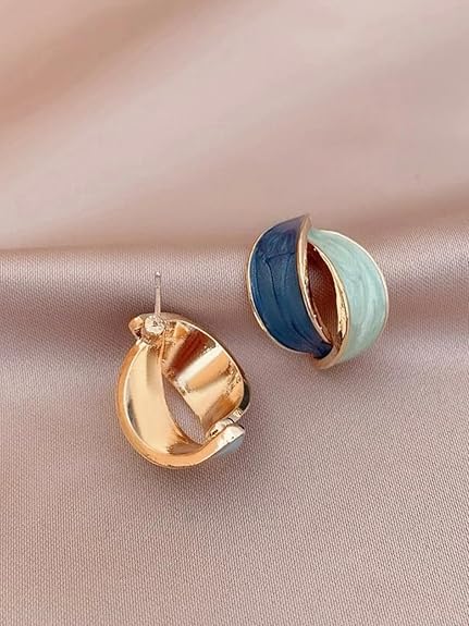 Dual Tone Blue Enamel Hoop Earrings - AR - 187