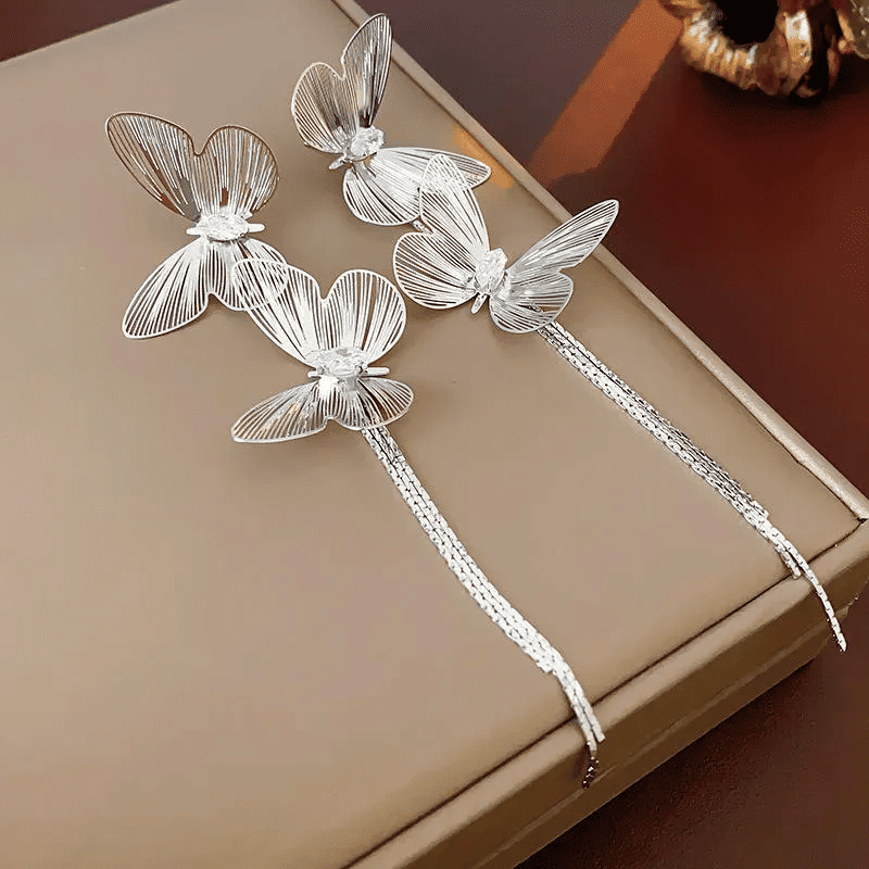 Silver butterfly tassel statement earrings - AR-163