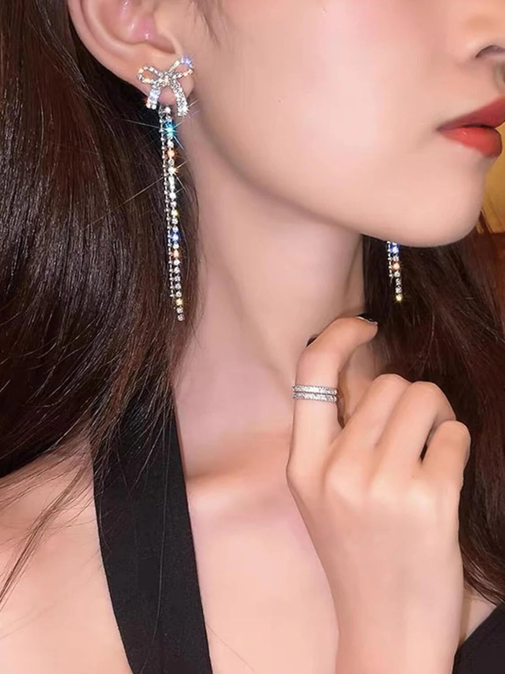 Korean Bow Chain Drop Earrings - AR-90