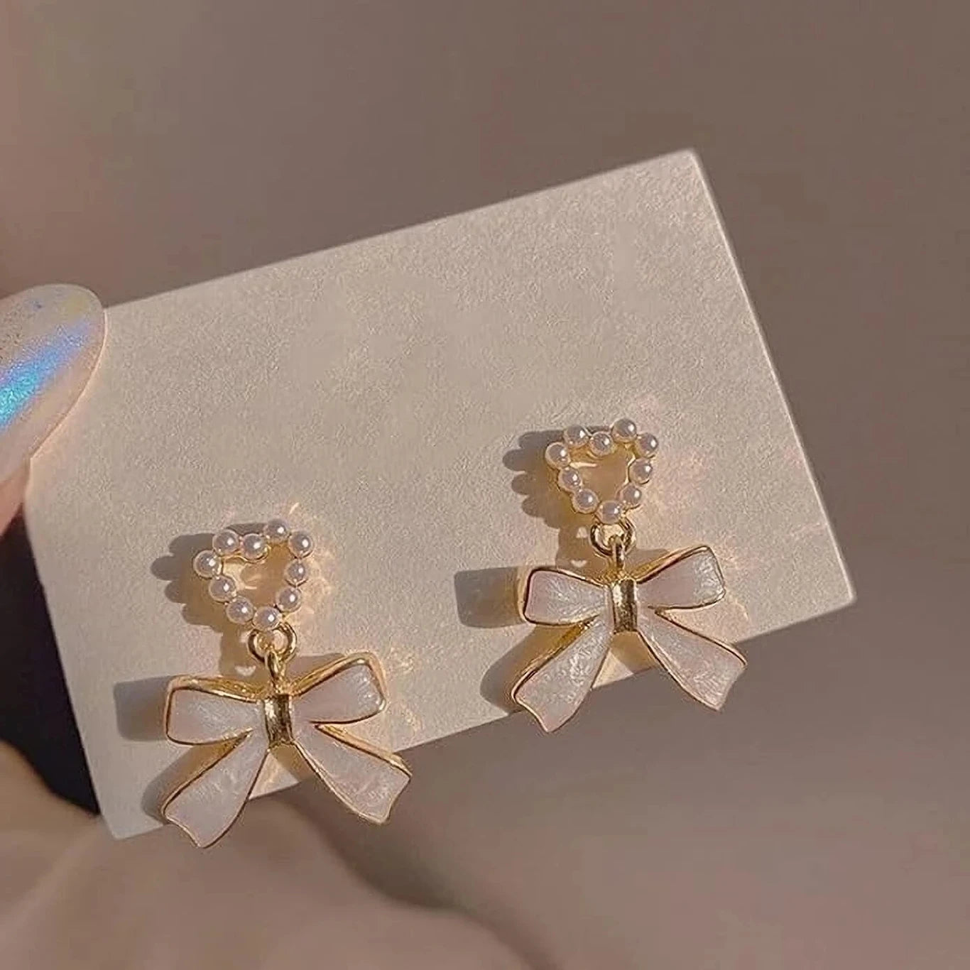 Pearl Heart Bow Drop Earrings - AR - 181