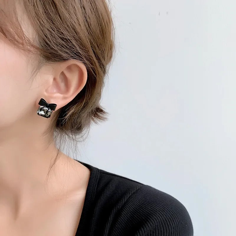 Korean Black Ribbon Bow Earrings - AR-96