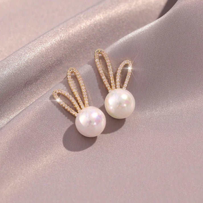 Crystal Bunny Ear Pearl Stud Earrings - AR - 172
