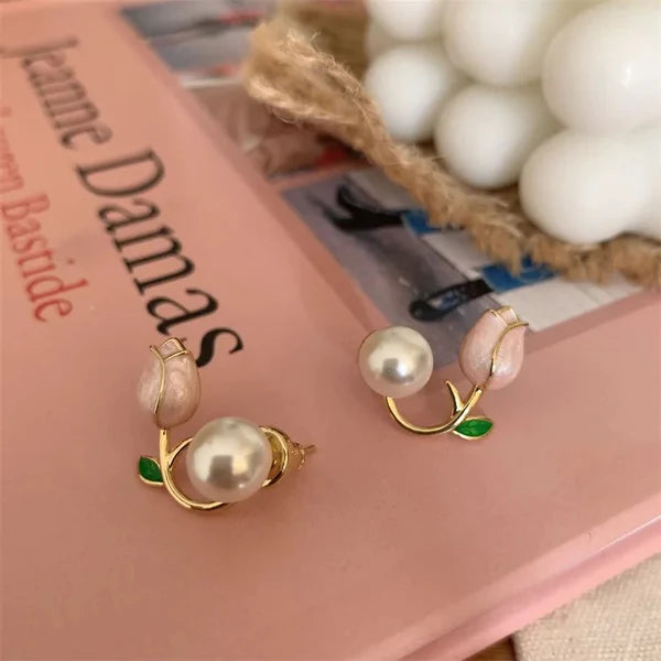 Luxury Pink Tulip Flower Pearl Stud Earrings - AR-09