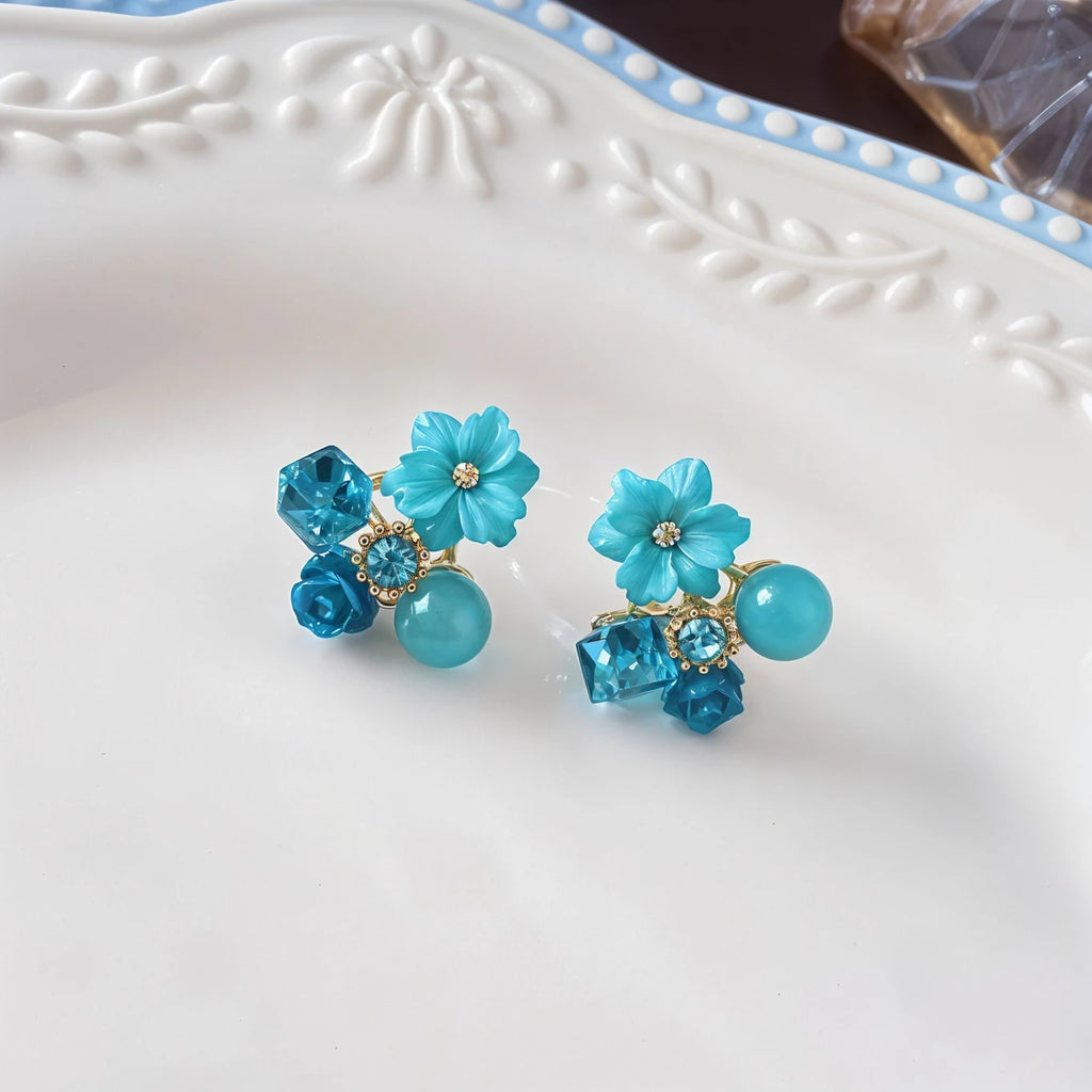 Turquoise Flower Crystal Stud Earrings - AR - 188 - 189 - 190 - 191