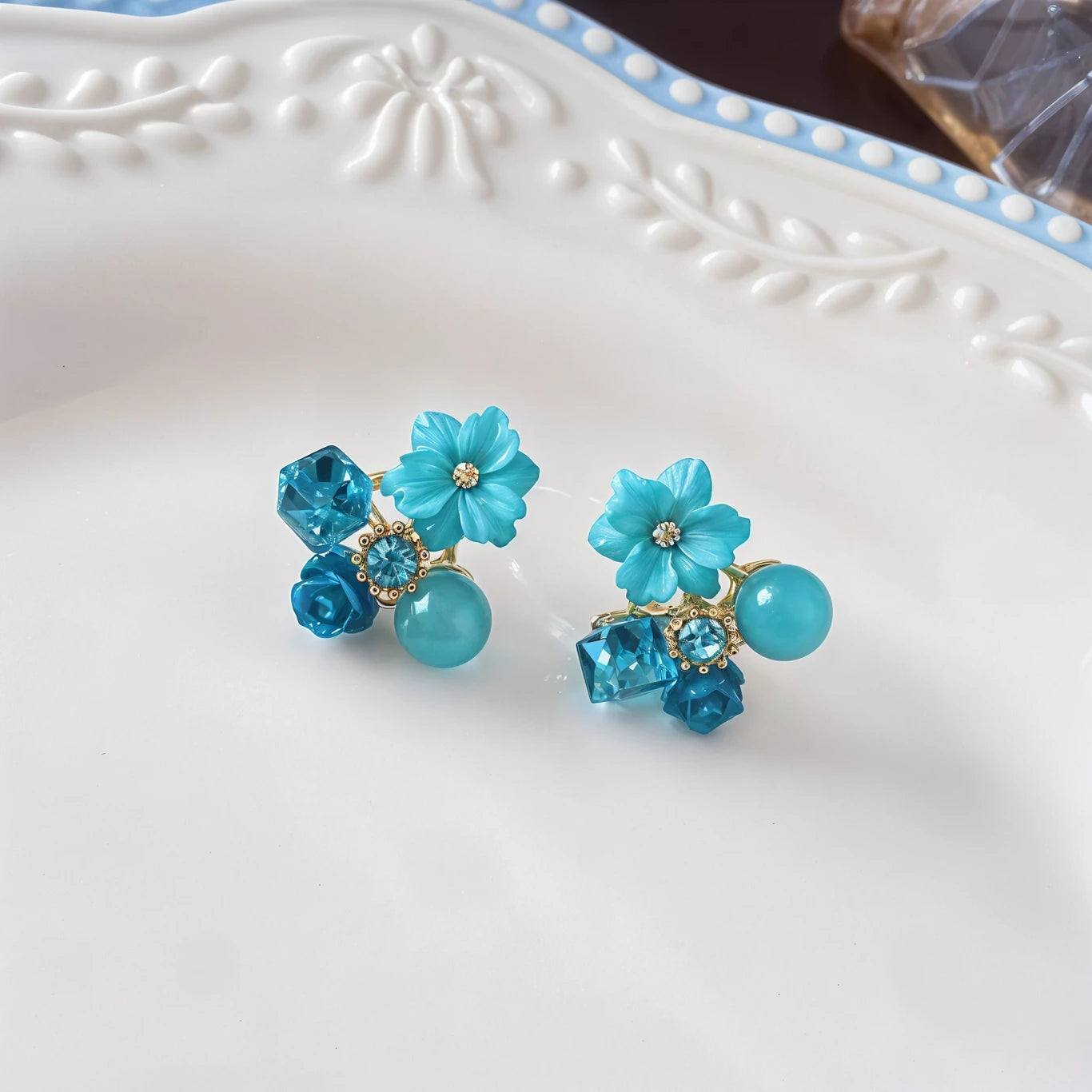 Turquoise Flower Crystal Stud Earrings - AR - 188 - 189 - 190 - 191
