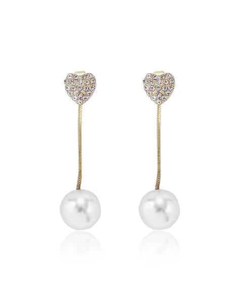 Crystal Heart Pearl Drop Earrings - AR-137