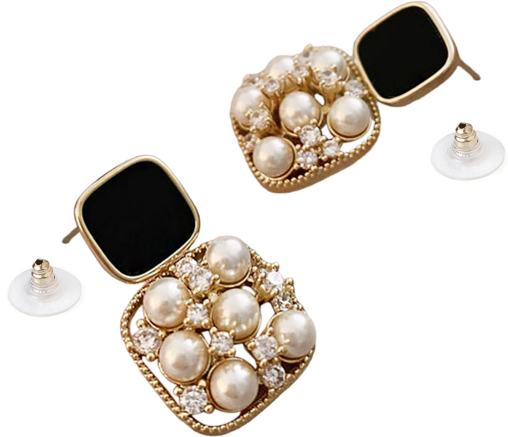 Gold-Plated Black Enamel and Pearl Cluster Earrings - AR-118