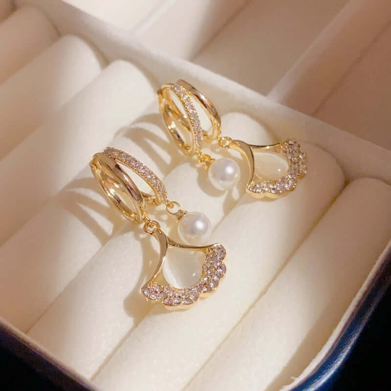 Gold Crystal Flower Pearl Drop Hoop Earrings - AR - 175